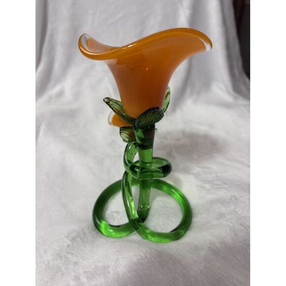 Handcrafted Orange & Green Art Glass Lily Flower Figurine Candle Holder - Picture 7 of 11